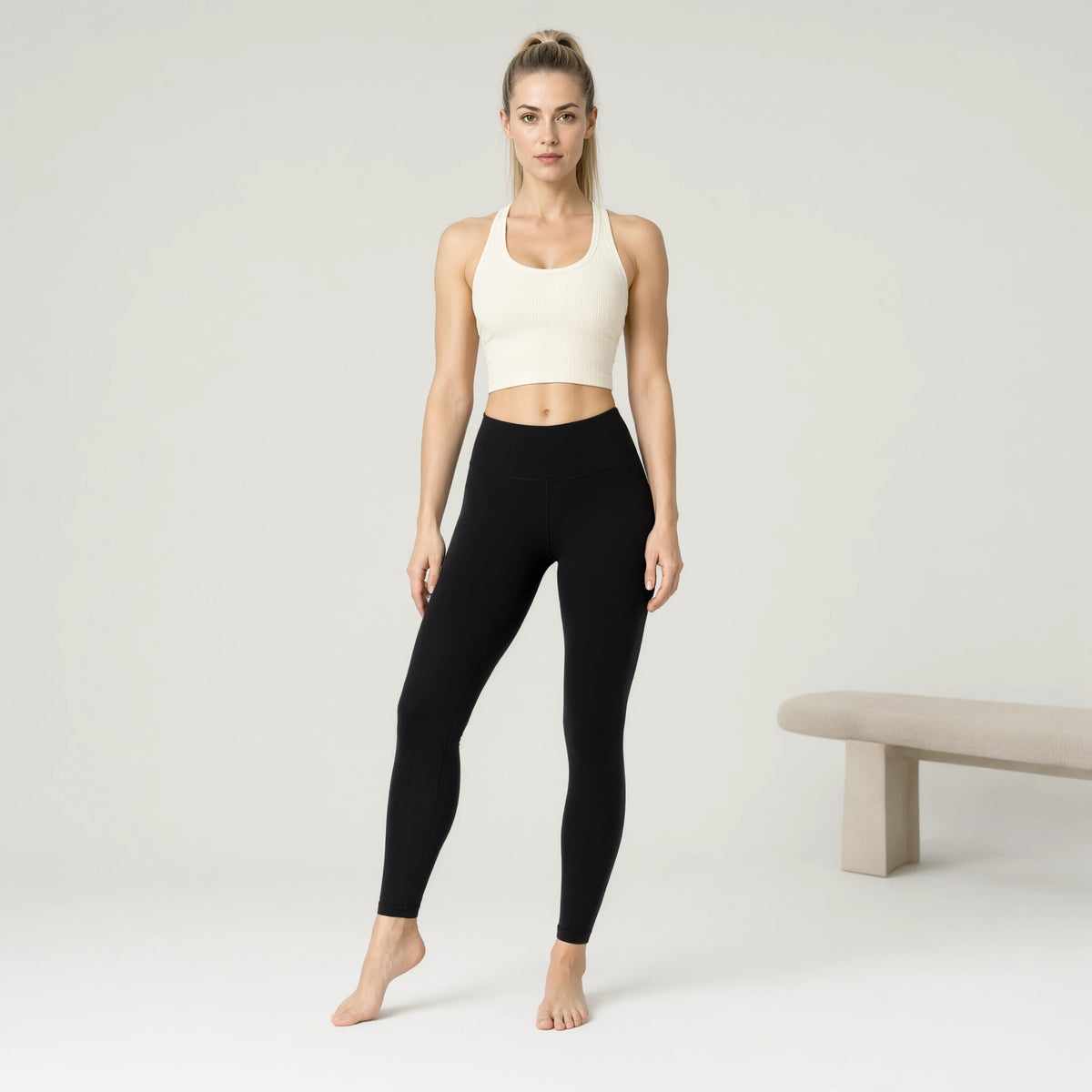 Light Ivory | Ribbed Yoga Casual Tank Top｜DUVETMOON – front view (one foot stepped half a pace forward)