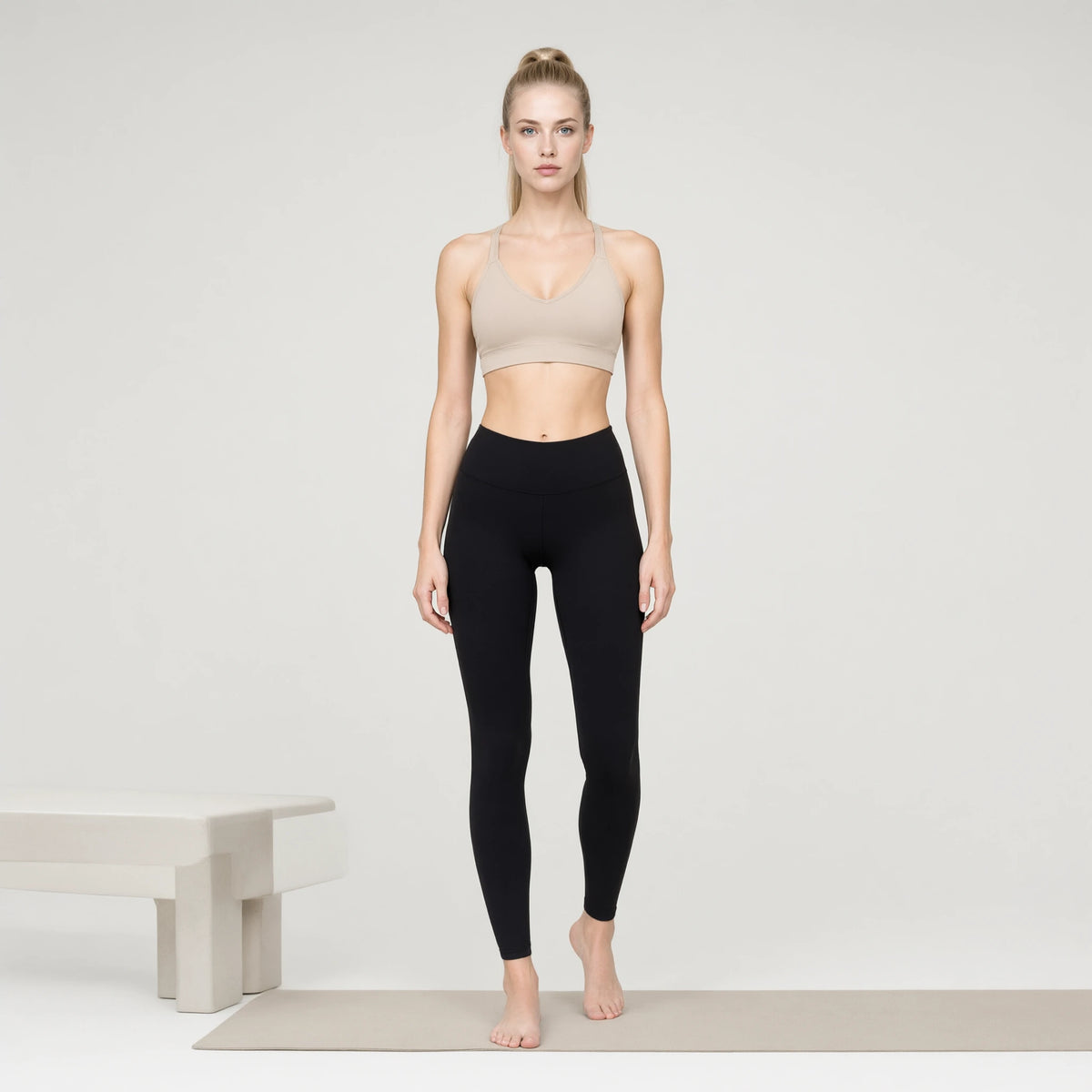 Beige | 1pc Deep V Neck Sports Bras U-shaped Back｜DUVETMOON – front view (one foot stepped half a pace forward)