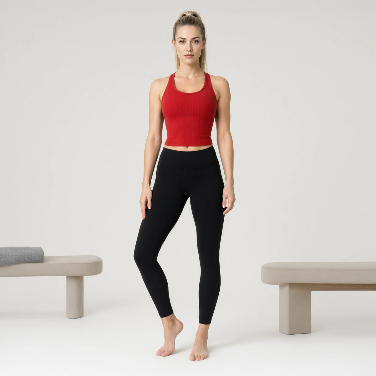 Bleached Purplish Red | Ribbed Yoga Casual Tank Top｜DUVETMOON – front view (one foot stepped half a pace forward)