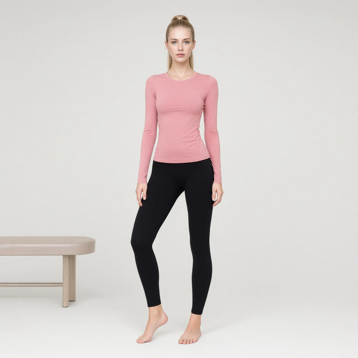 Pink | Running Long Sleeve Slim T-shirt Yoga Top｜DUVETMOON – front view (one foot stepped half a pace forward)