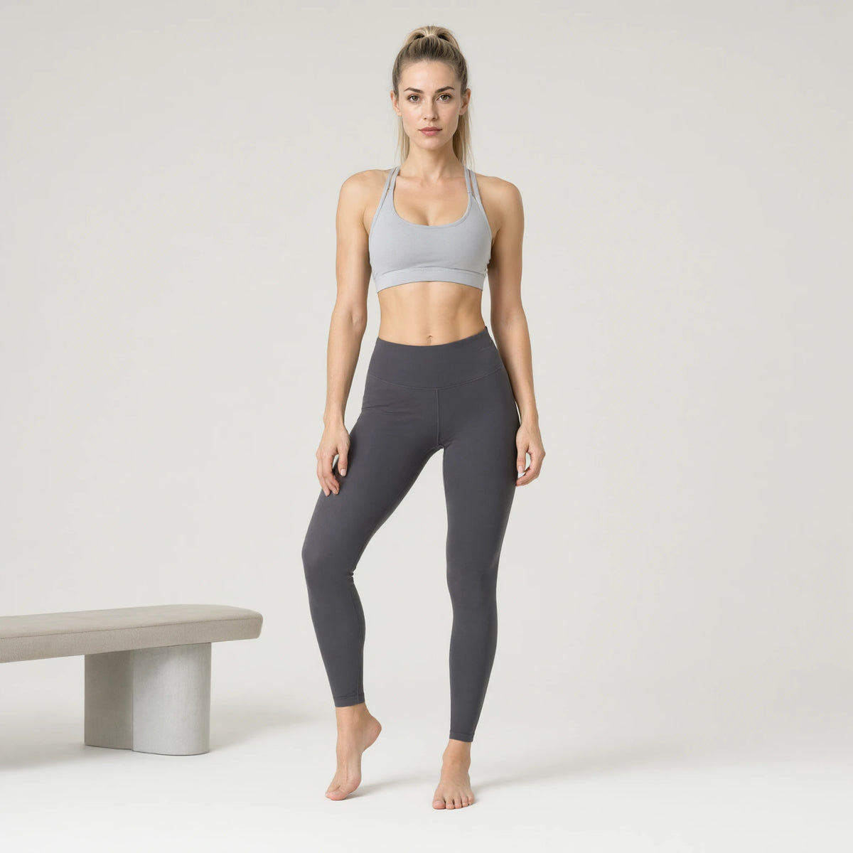 Light Grey | 1pc Strap Sport Bras Padded Strappy Crop Square｜DUVETMOON – front view (one foot stepped half a pace forward)