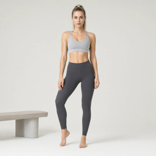 Light Grey | 1pc Strap Sport Bras Padded Strappy Crop Square｜DUVETMOON – front view (one foot stepped half a pace forward)